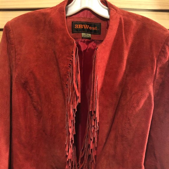 3BWest Women's Fringed Leather Jacket Red Suede Open Front - Picture 3 of 11